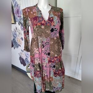 Tolani XL Patchwork Midi Boho Cottage Core Dress Fits  10 To 12 Pockets EUC